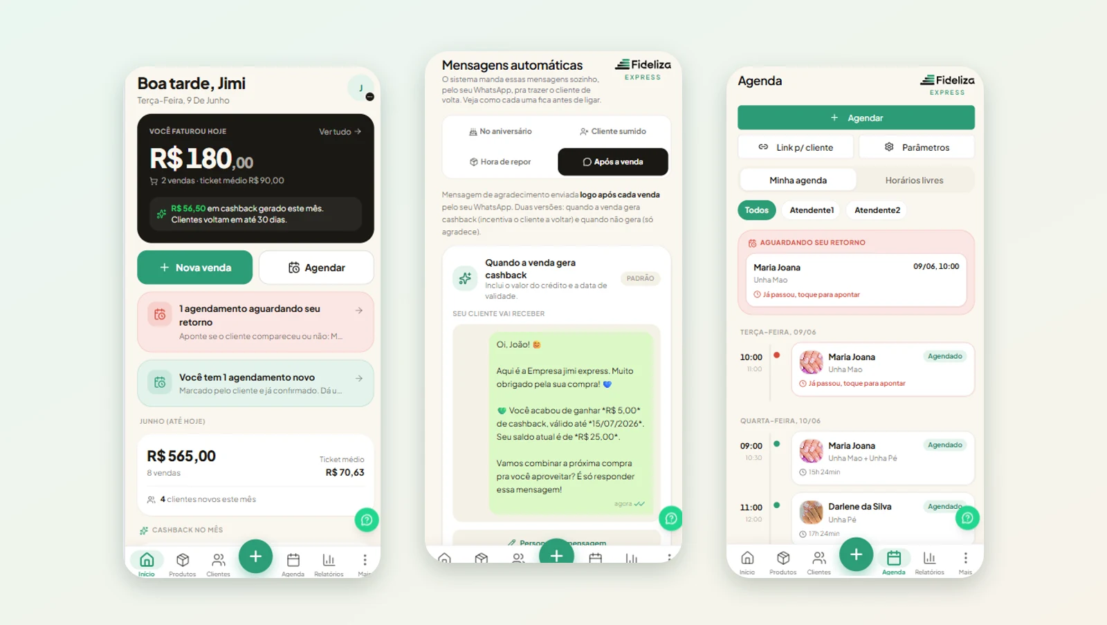 Telas do Fideliza Express: início, mensagens automáticas e agenda